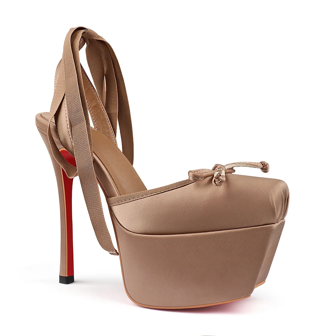 145mm Women's Strappy Crepe Satin Silk High Heel Lace Up Platform Red Bottom Wedding Banquet Sandals-MERUMOTE