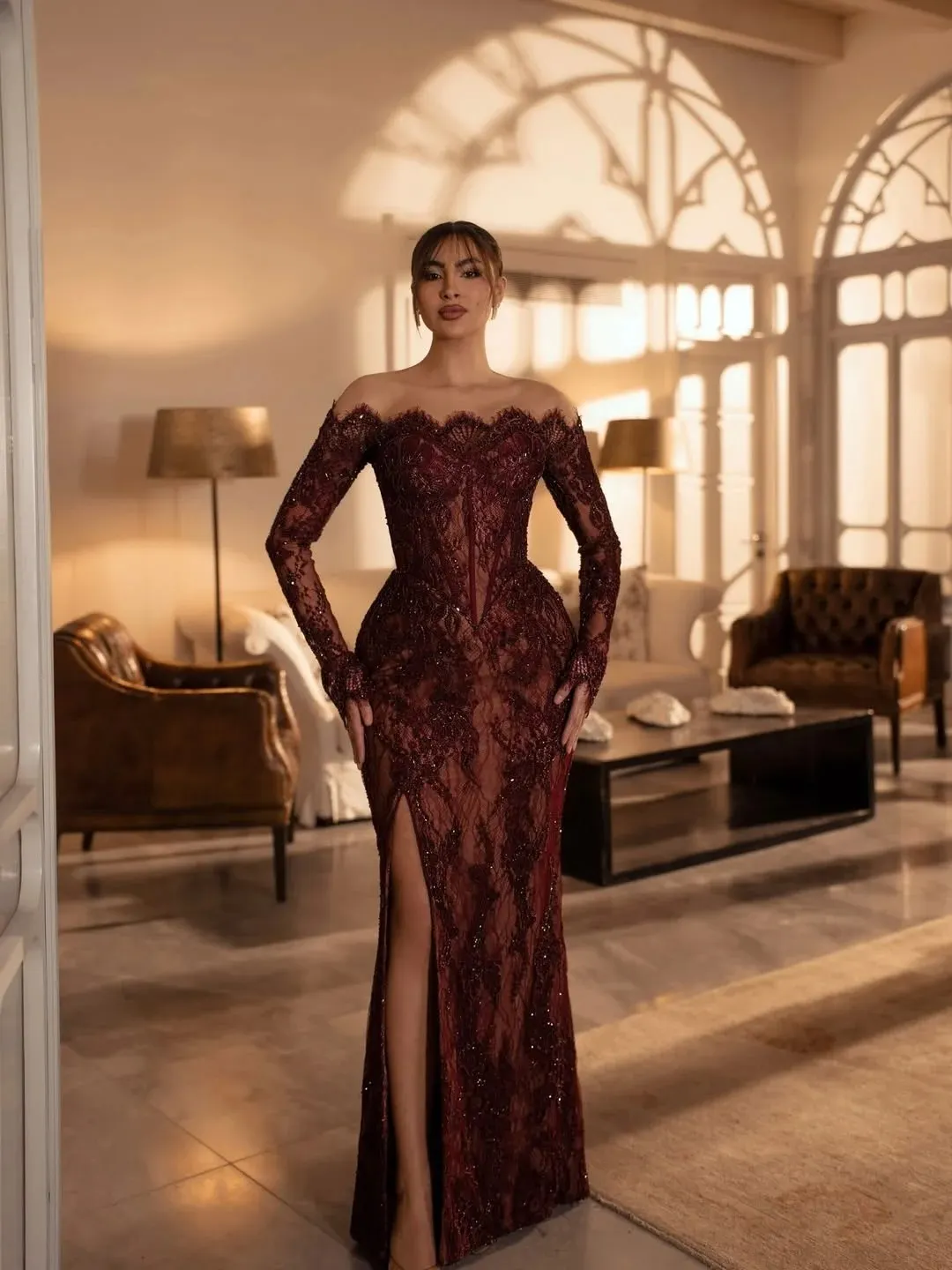 Lace Strapless Long Sleeves High-Waisted Long Mermaid Prom Dress With Sequins And High Slit | DB0041 Wellcucu