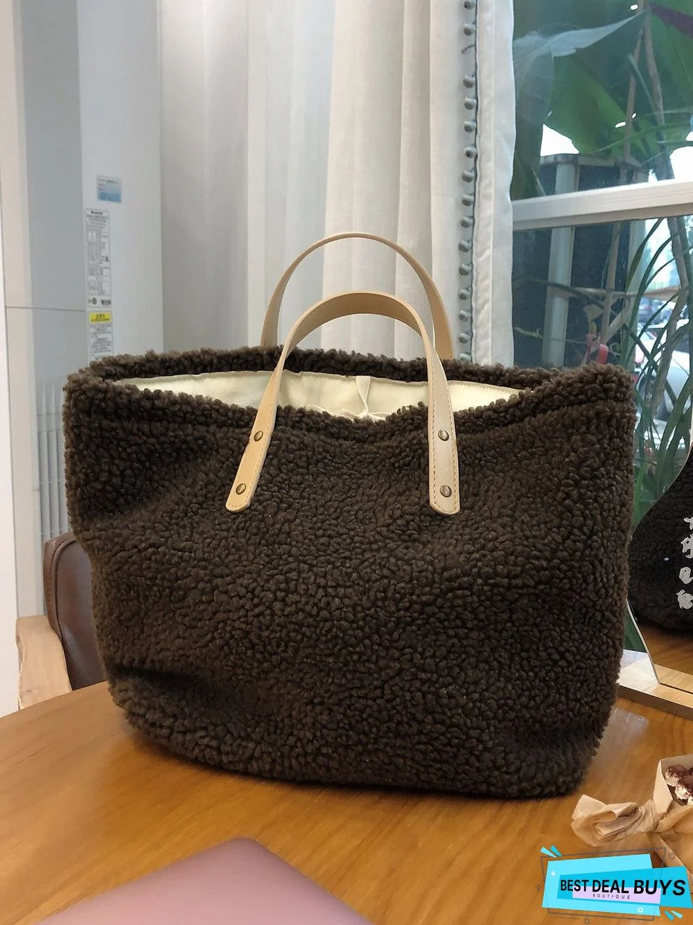 Pure Color Lambswool Large Capacity Handbag