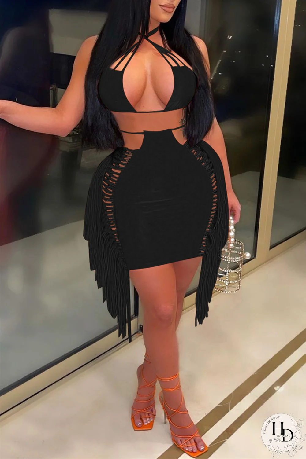 Black Sexy Solid Tassel Bandage Hollowed Out Backless Halter Sleeveless Two Pieces