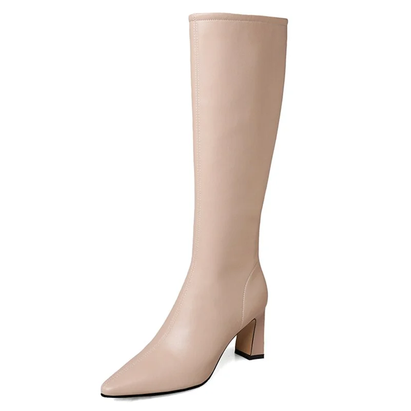 Meotina Women Genuine Leather Boots Thick High Heel Zipper Ladies Shoes Pointed Toe Knee High Boots Autumn Winter Apricot Black