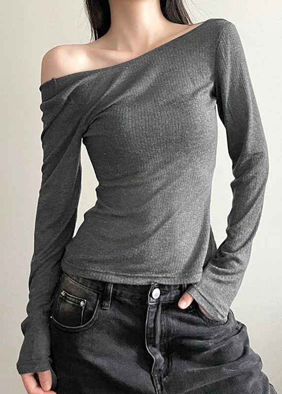 Unique Grey Asymmetrical Backless Hollow Out Top Long Sleeve