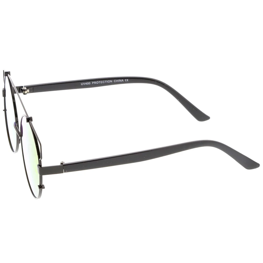 Midsize Metal Frame Horn Rimmed Crossbar Mirror Flat Lens Round glasses 53mm