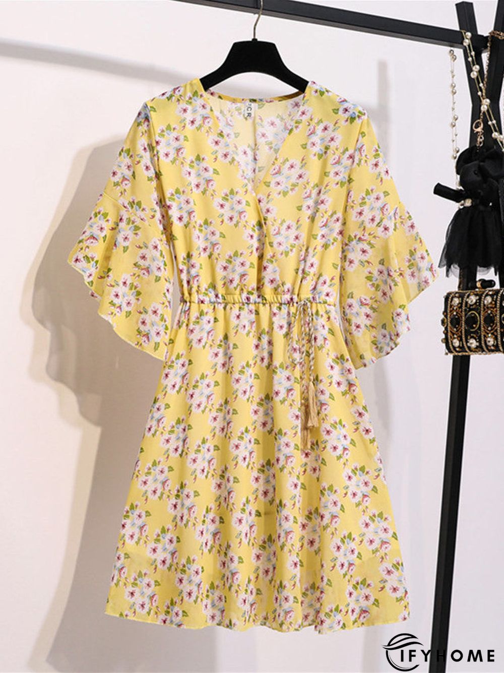 Spring Summer Chiffon Women V-Neck Floral Print Short Dresses Sweet Ruffle Sleeeve Slim Drawstring Ladies Dress | IFYHOME