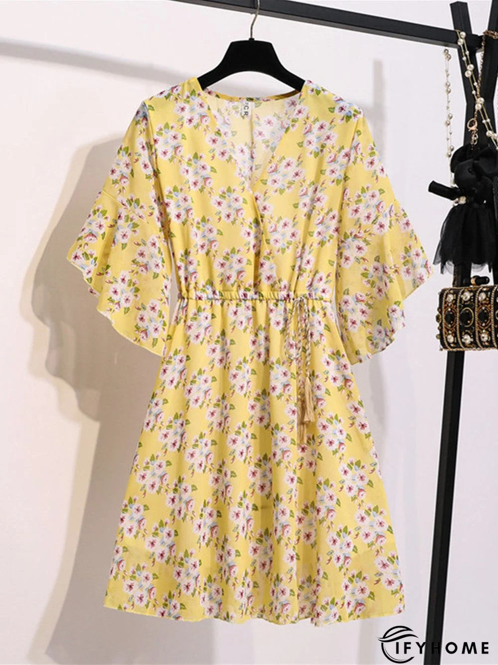 Spring Summer Chiffon Women V-Neck Floral Print Short Dresses Sweet Ruffle Sleeeve Slim Drawstring Ladies Dress | IFYHOME