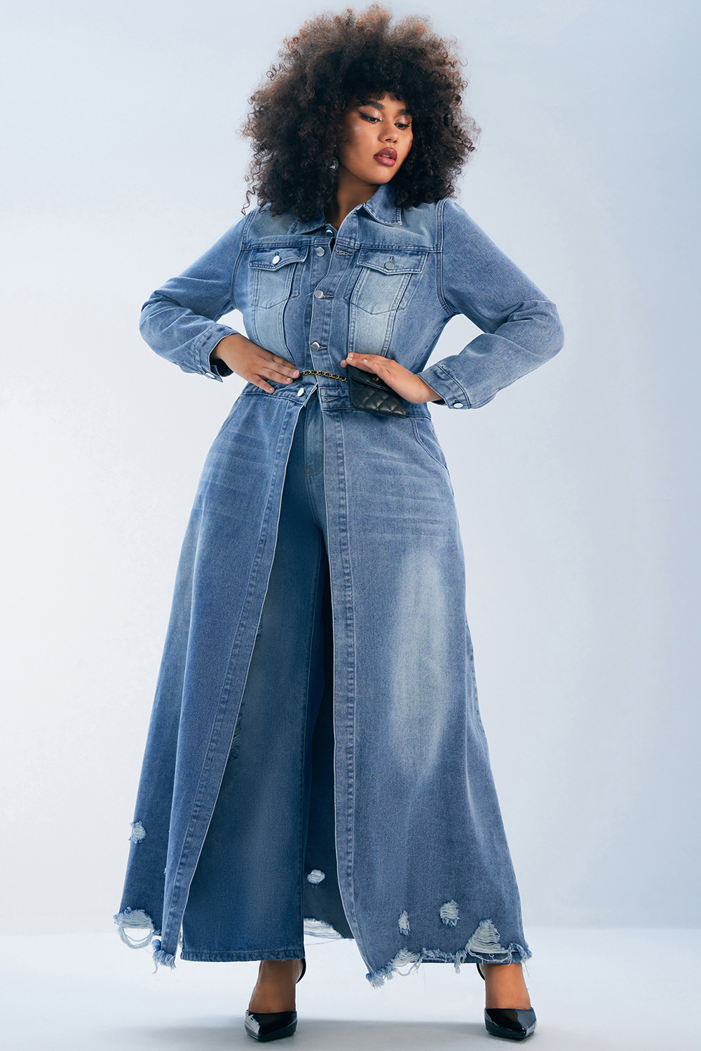Design Plus Size Daily Coat Casual Light Blue Long Fall Winter Shirt Collar Ripped Denim Coat