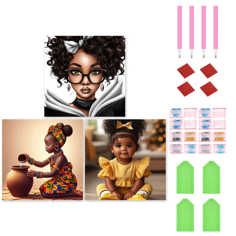 3pcs Diamond Painting - Full Round Drill - Girl(Canvas|30*30cm)