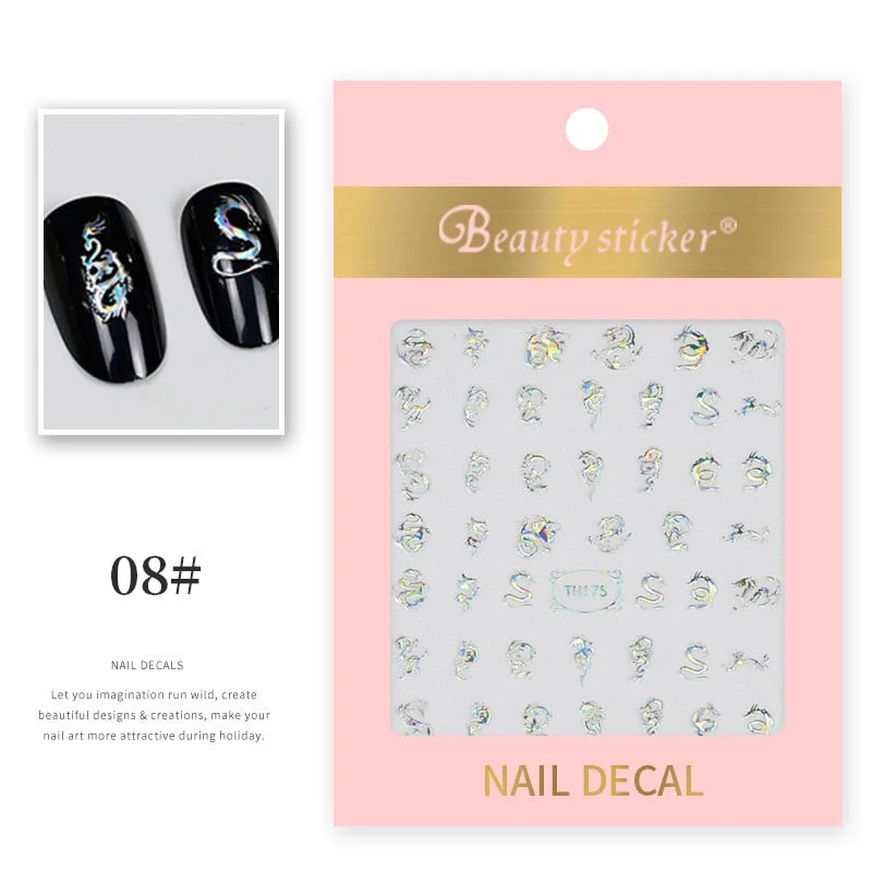 1 Sheet New Roman English Alphabet Number 3D Nail Stickers Christmas Animals iridescent Gold Silver Word Small Letters Nail