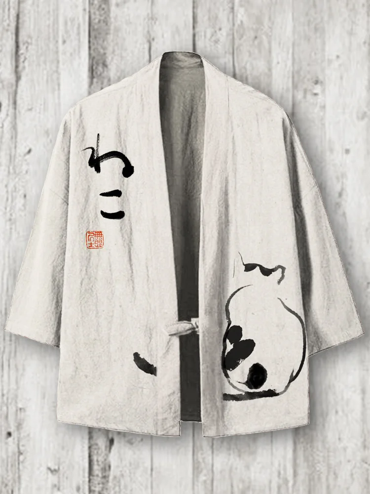 Japanese Art Cat Print Linen Blend Kimono Cardigan
