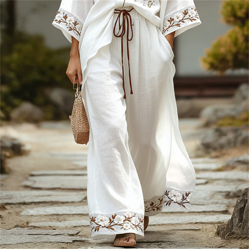 Classy White Almond Blossom Kimono & Pants Linen Set wearshes