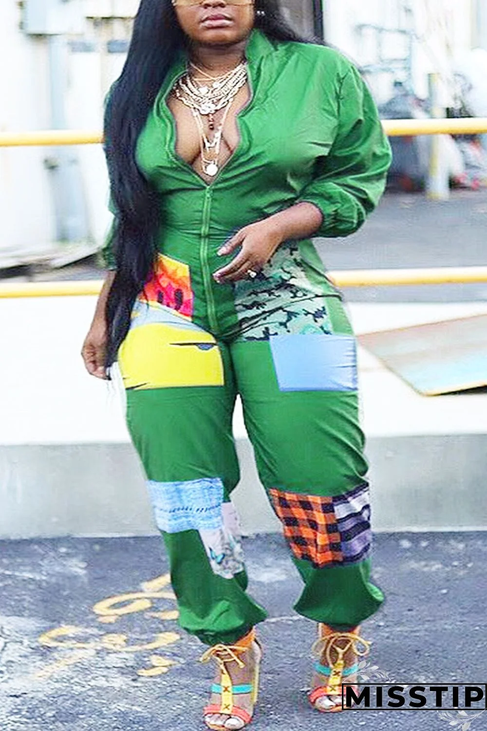 Leopard print Chemical fiber blend Sexy zipper Leopard Print Camouflage Zippered Zipper Plus Size