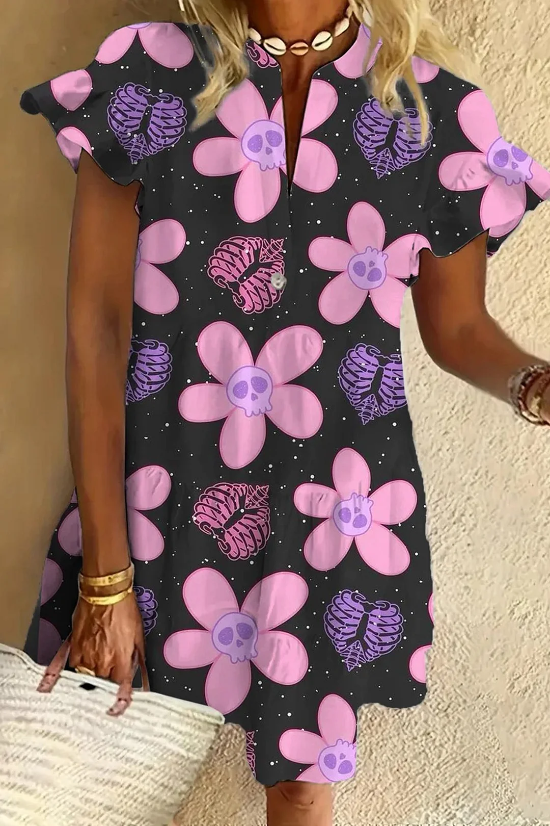 Skull and Flower Ruffled Short-sleeved V-neck Buttoned Dress Vacation Beach Dress