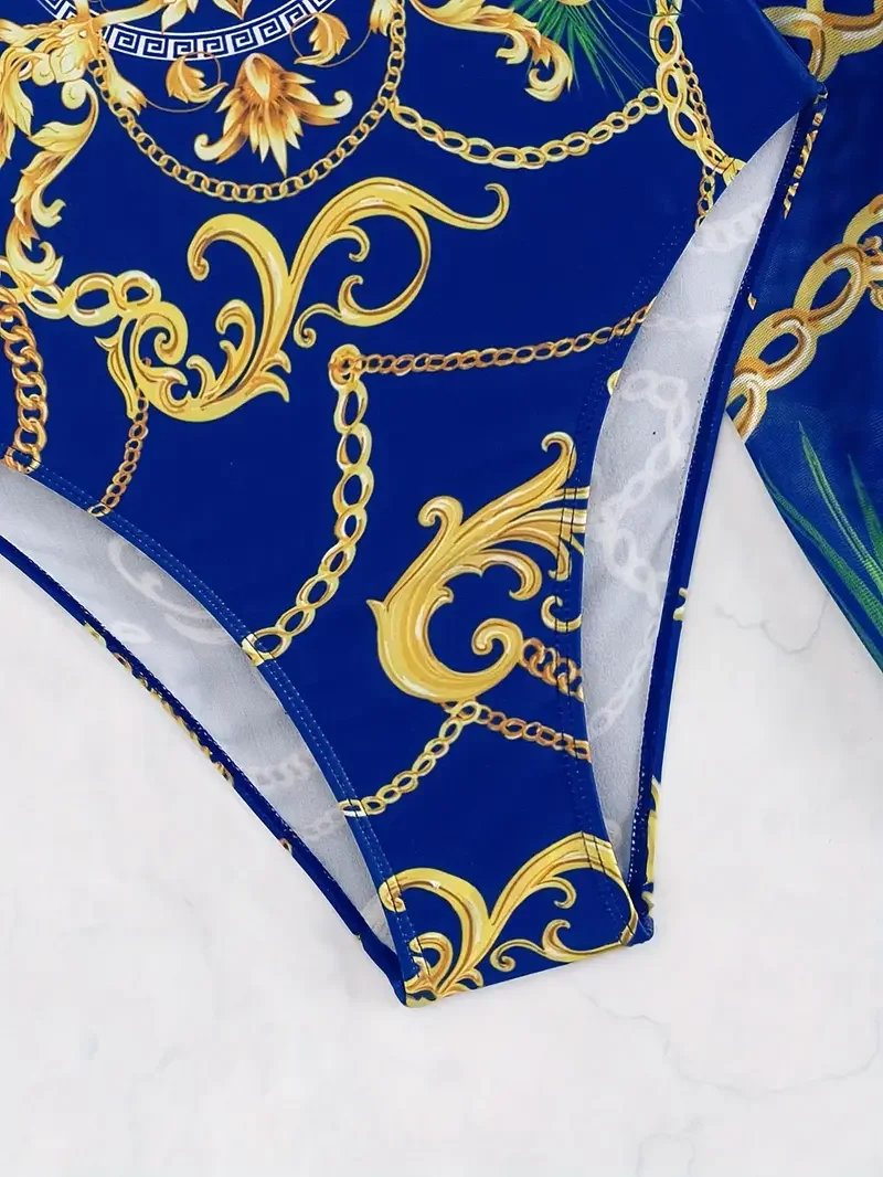 chain print baroque floral sweetheart neckline elegant 2 piece swimsuits spaghetti strap vintage   bathing suit cover up skirt womens swimwear clothing for holiday details 4