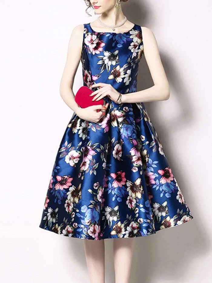 Women's new round neck thick satin flower big hem mid-length sleeveless dress