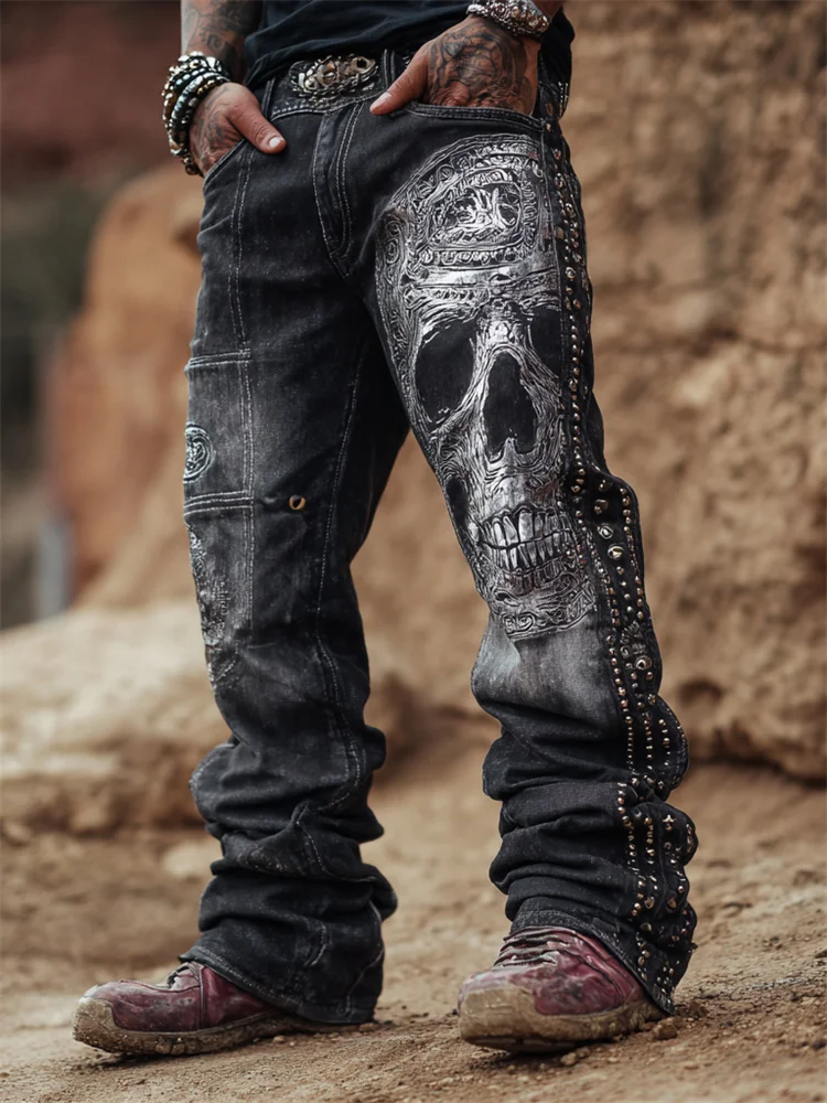 Men's Skull Rock Studded Washed Bootcut Jeans