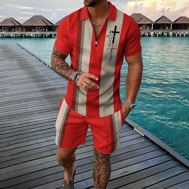 BrosWear Vintage Stitching Cross Faith Short Sleeve Polo Shirt And Shorts Co-Ord