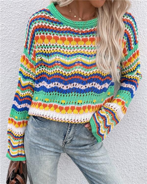 Patchwork sweater loose inter-color rainbow round neck striped sweater - Chicaggo