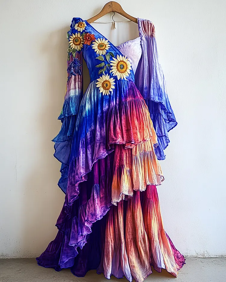 Rainbow Linen Ruffle Daisy Embroidery Irregular Dress 4d6d