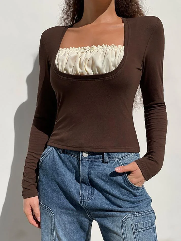 Brownm Square collar Lace Crop Top