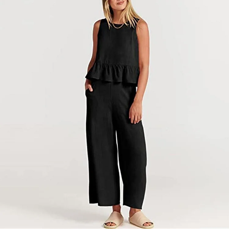 Casual Sleeveless Pleated Tank Top Wide Leg Pants Two-Piece Set