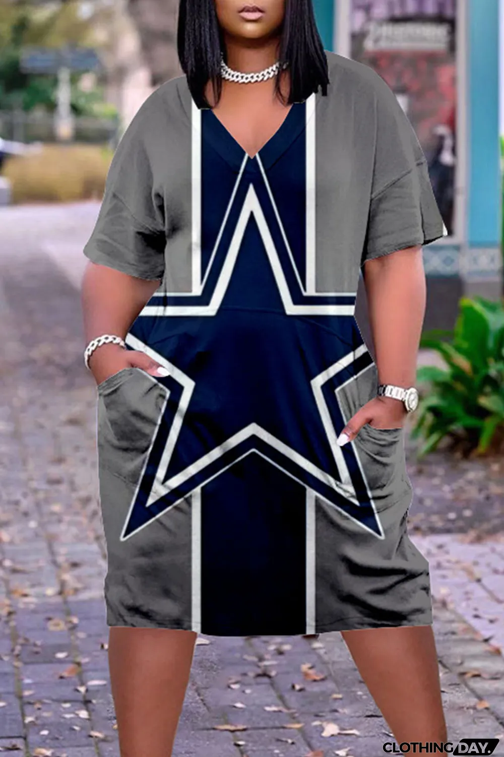 Blue White Casual Print Patchwork V Neck Straight Dresses