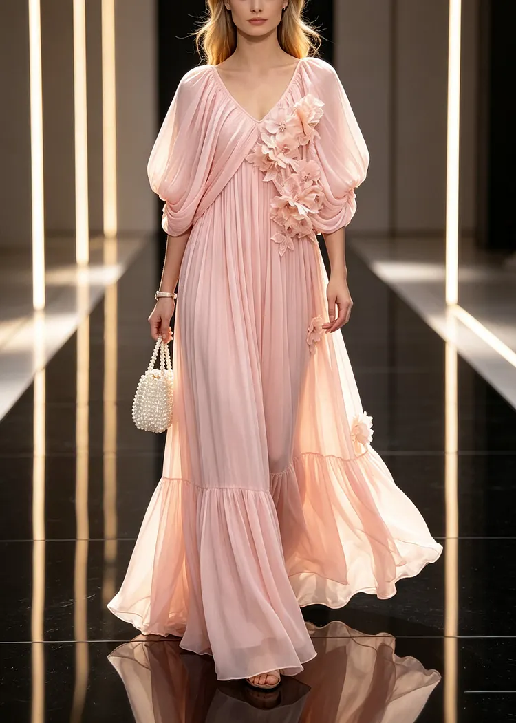 Boutique Pink Oversized Floral Chiffon Vacation Dresses Cloak Sleeves