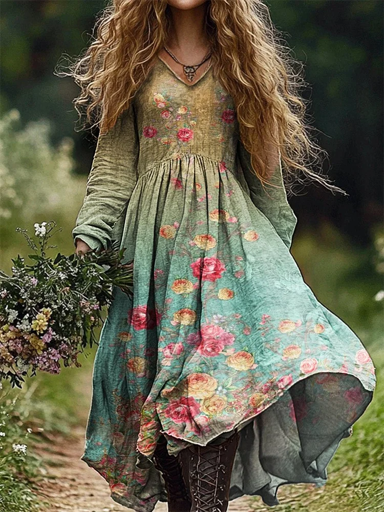 Women's Boho Floral Art Pattern Print V Neck Pocket Cotton Dress