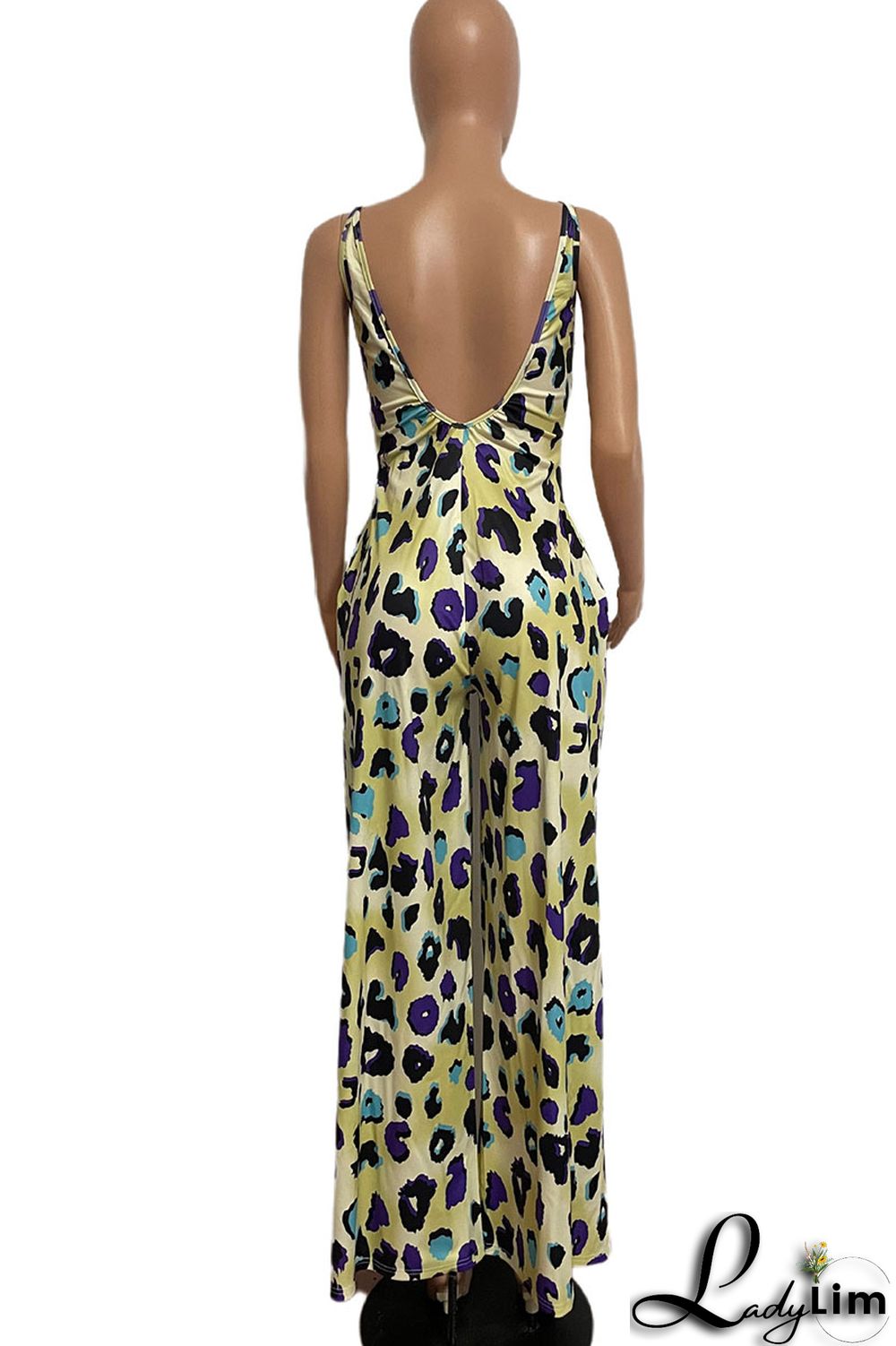 Blue Casual Print Split Joint Spaghetti Strap Straight Jumpsuits