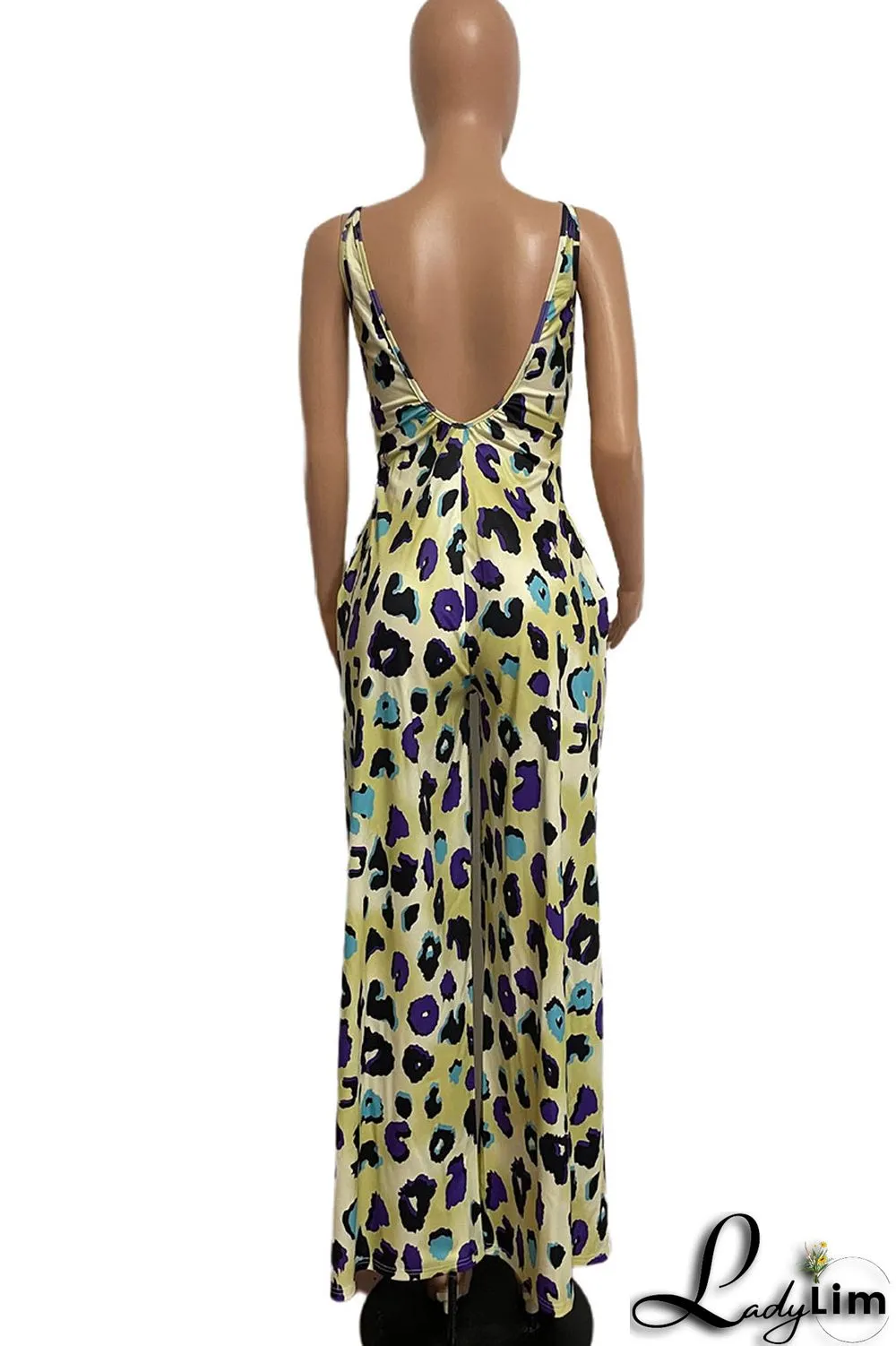 Blue Casual Print Split Joint Spaghetti Strap Straight Jumpsuits