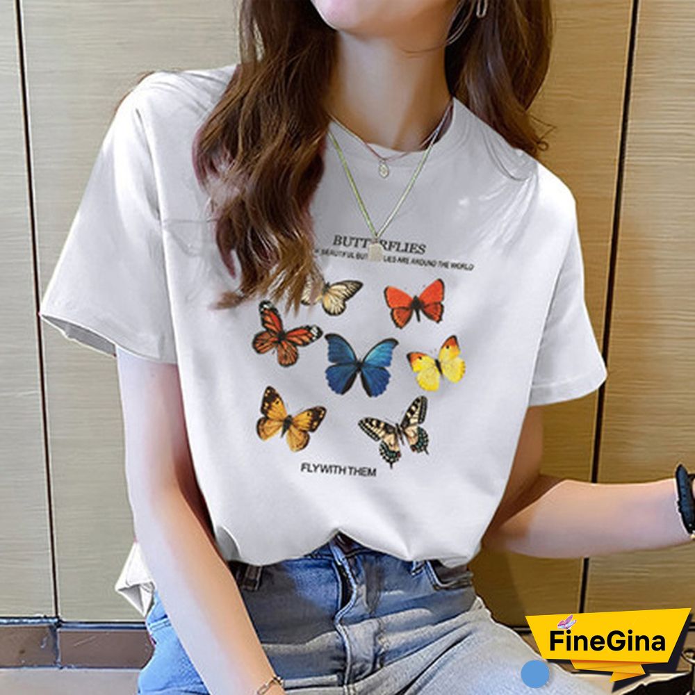 Butterfly Fly With Them Letter Graphic Tee Women T Shirt Khaki Begie T Shirt Women Tops Fashion Tees