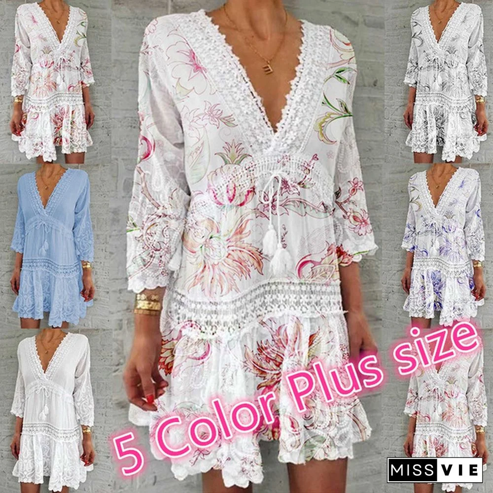 Women Fashion Casual Long Sleeve Floral Printed Holiday Bohemian Dress White Lace Dress Plus Size