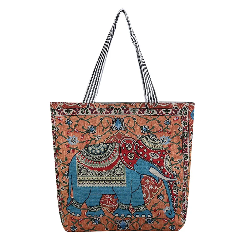 Ethnic elephant floral printed large capacity one-shoulder handbag
