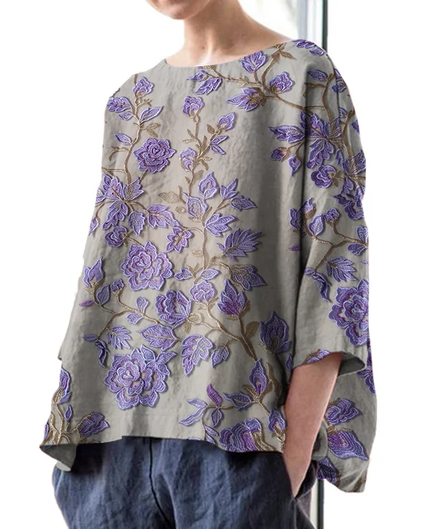 Vintage Floral Embroidery Print Round Neck Linen Loose Top