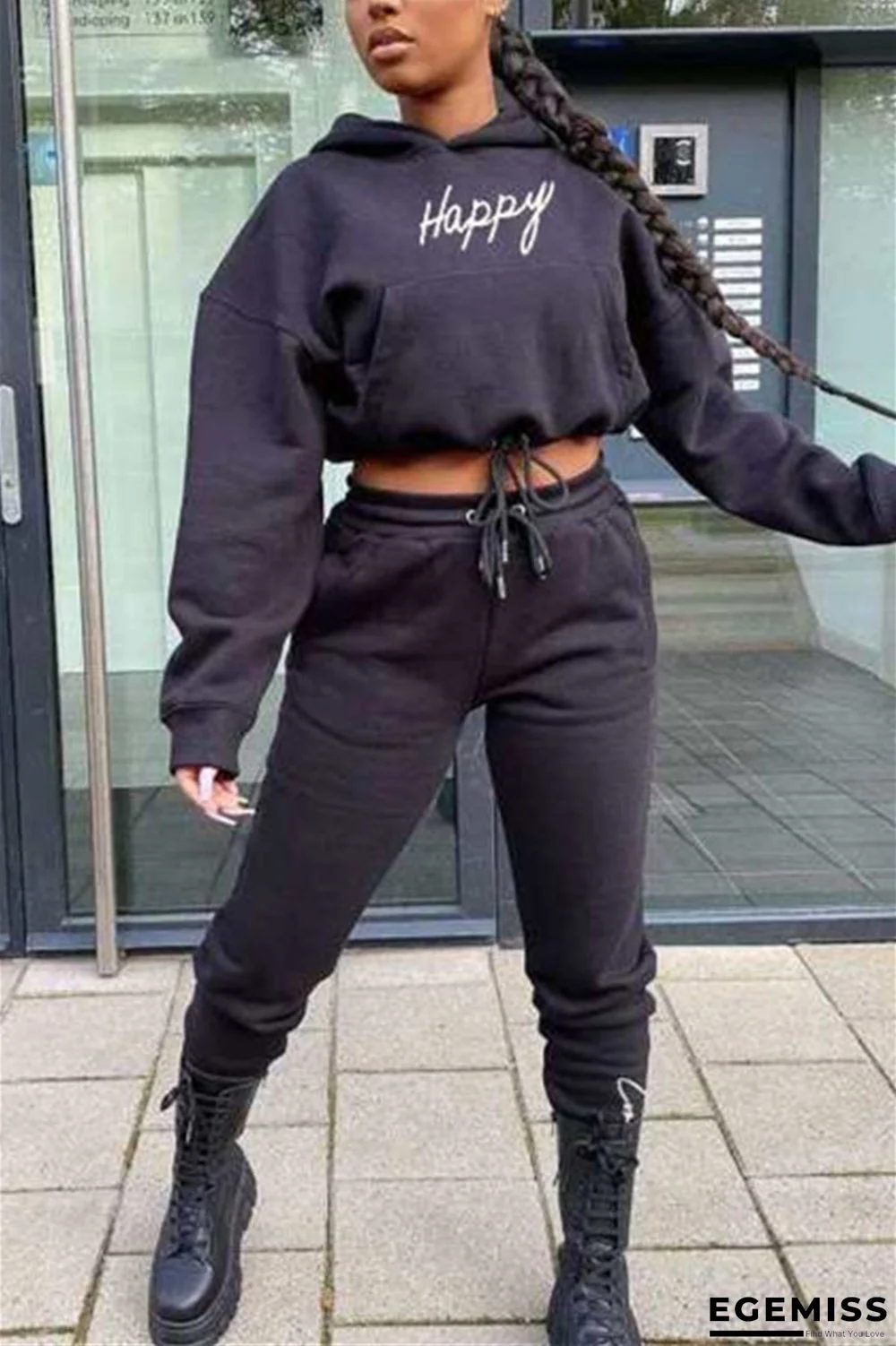 Black Fashion Casual Long Sleeve Hooded Collar Regular Sleeve Short Letter Print Two Pieces | EGEMISS