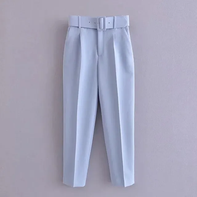 Za Women's Blazers Pants Suits Jackets Set 2 Pieces With Belt Trousers Green Office Ladies Workwear Outfits Female Summer Blue