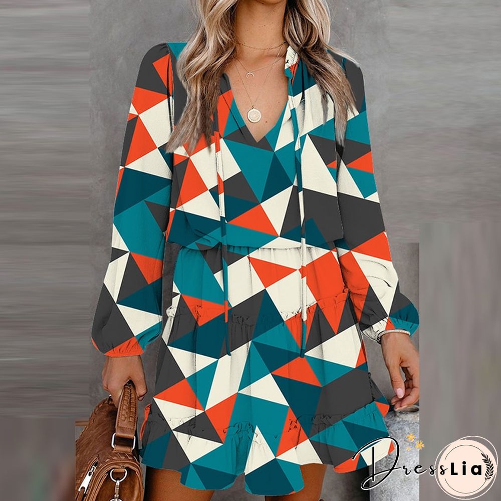 Vintage Floral Printed Mini Dress Women Casual Long Sleeve V Neck Lace-up Early Autumn Dress Fashion Loose Waist Ruffle Dresses