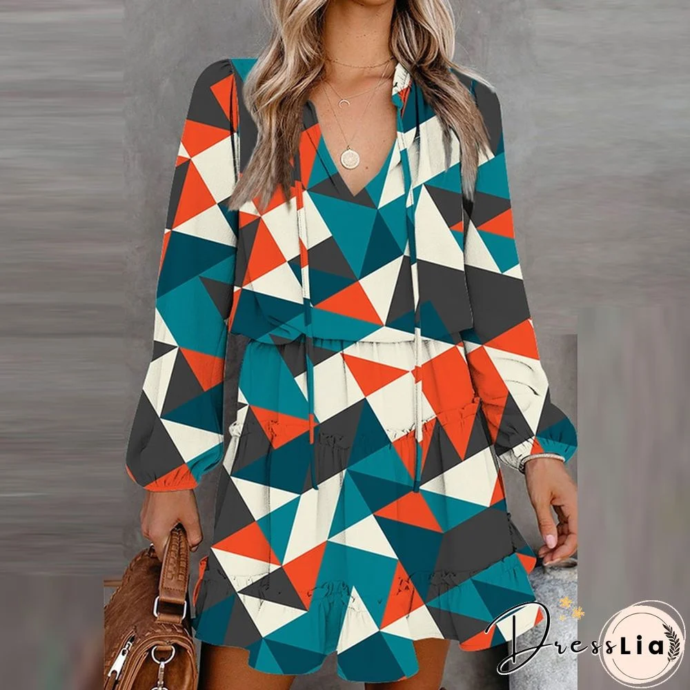 Vintage Floral Printed Mini Dress Women Casual Long Sleeve V Neck Lace-up Early Autumn Dress Fashion Loose Waist Ruffle Dresses