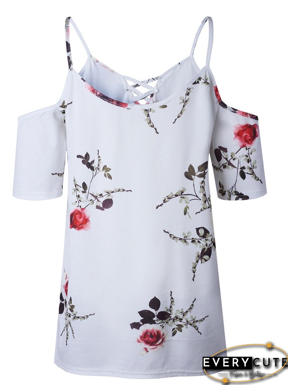 Cold Shoulder Straps Short Sleeves Floral T-Shirt Top