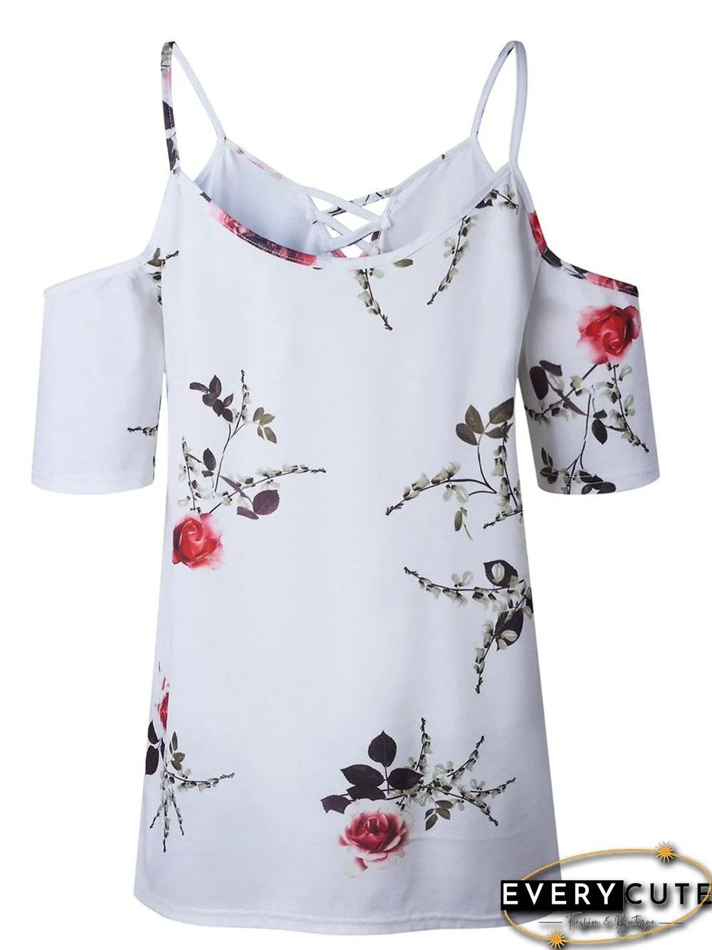 Cold Shoulder Straps Short Sleeves Floral T-Shirt Top