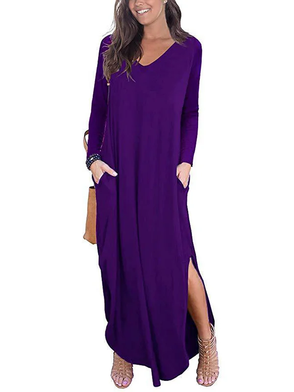 Long Sleeves Loose Solid Color Split-Side V-Neck Maxi Dresses