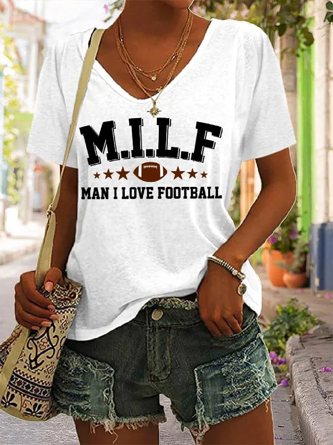 Women's Funny MILF Man I Love Football, Gameday Football Lover Casual V-Neck Tee