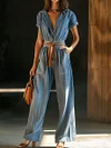 Women's V-Neck Retro Lace-Up Pocket Long-Sleeved Wide-Leg Denim Jumpsuit by Inlyline