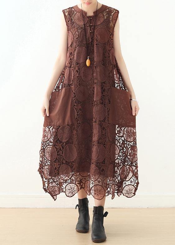 Organic coffee sleeveless cotton Tunics o neck lace summer Dresses