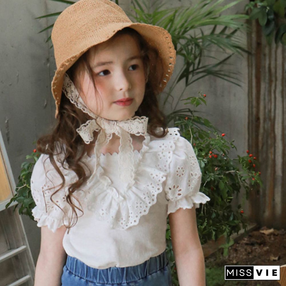 Summer Children's Clothing Solid Color Small And Medium-Sized Girls Triangular Lace Collar Short Sleeve Bubble Sleeve T-Shirt