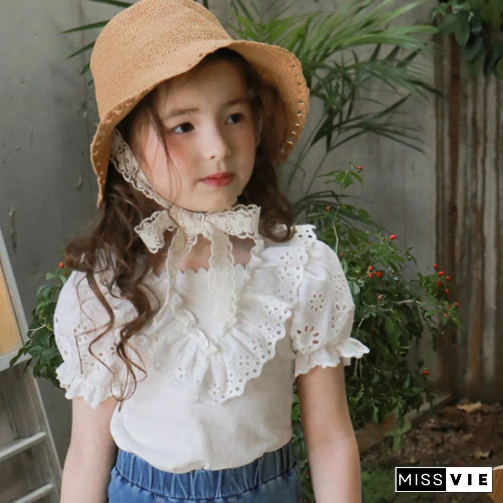 Summer Children's Clothing Solid Color Small And Medium-Sized Girls Triangular Lace Collar Short Sleeve Bubble Sleeve T-Shirt