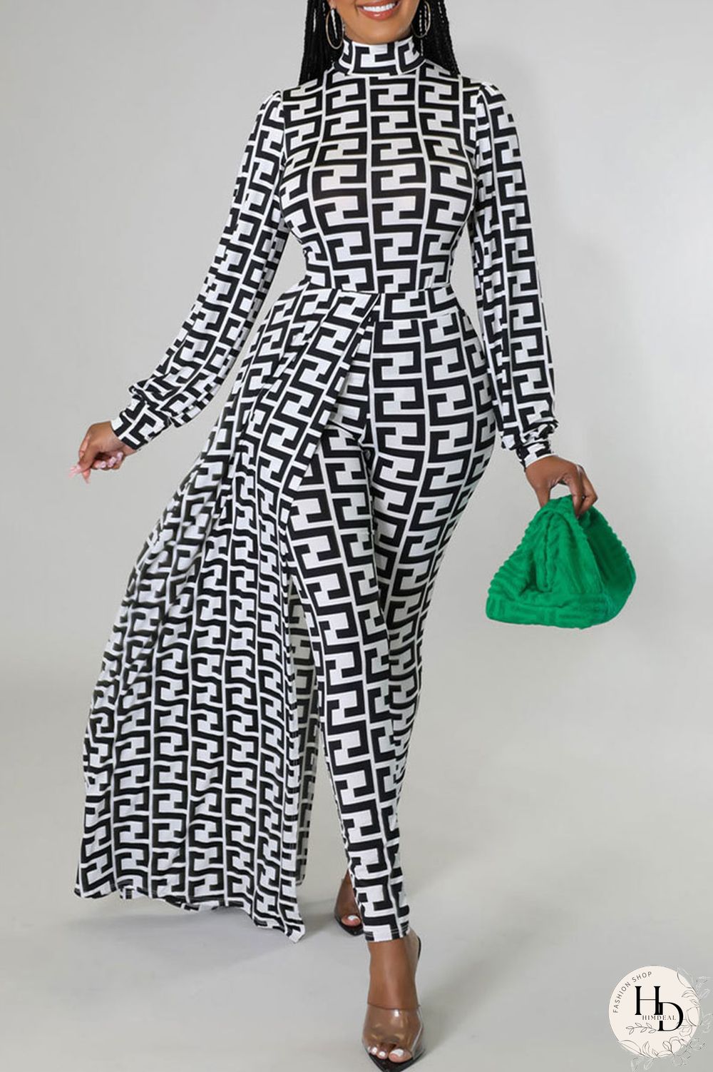 Black And White Casual Print Asymmetrical Half A Turtleneck Long Sleeve Two Pieces