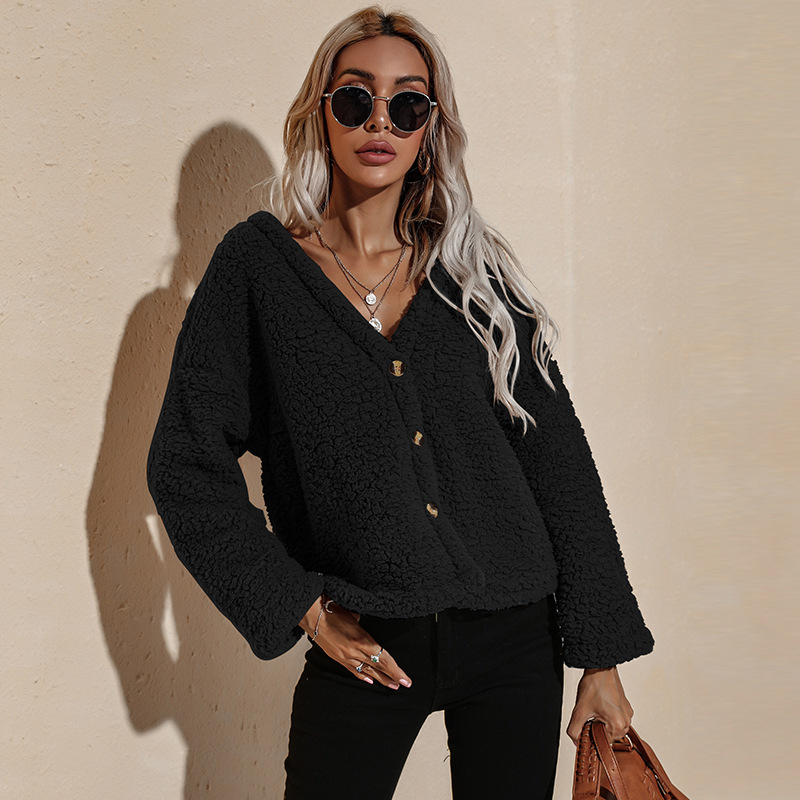 Mature Women Large V Neck Long Sleeved Plush Jacket