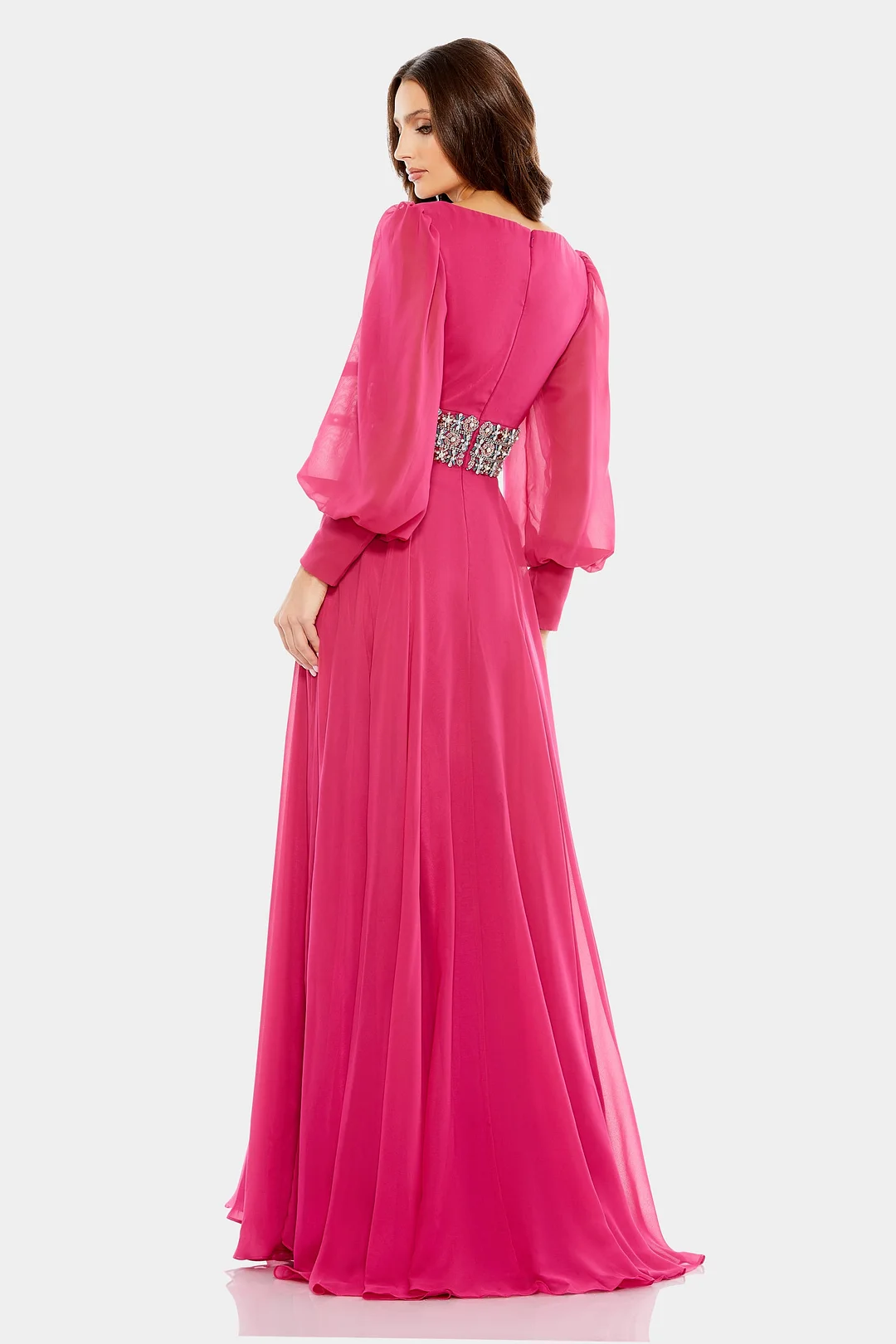 Bishop Sleeve Wrap Over Belt Detail Flowy Gown