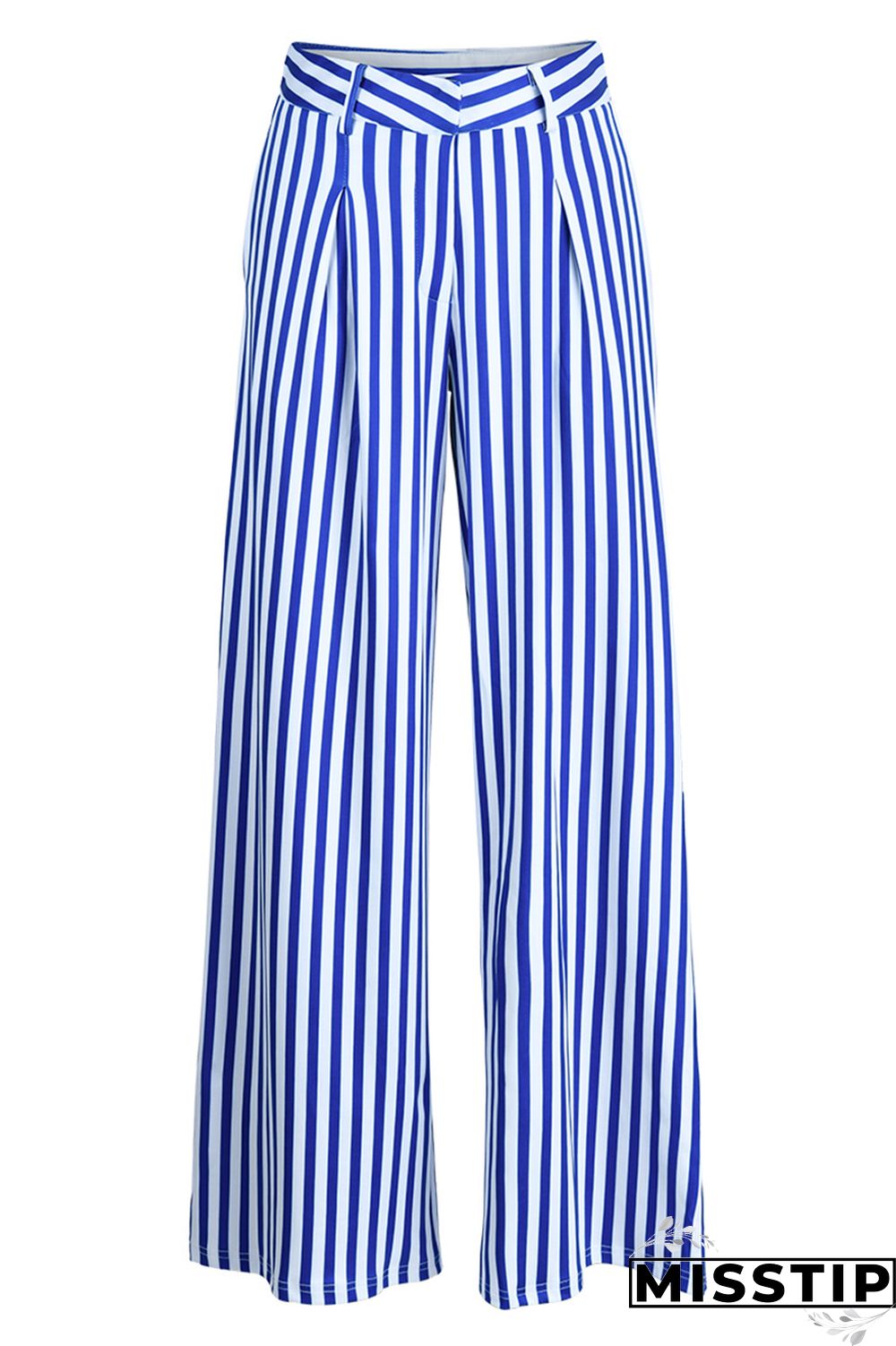 Blue Fashion Casual Striped Print Patchwork Regular High Waist Trousers