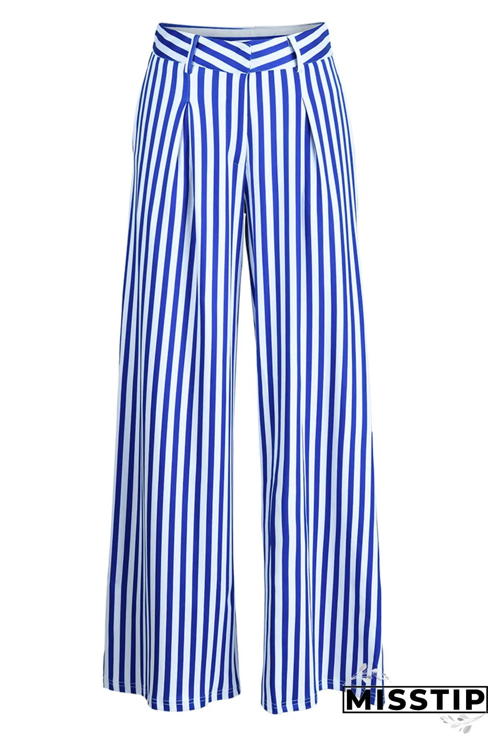 Blue Fashion Casual Striped Print Patchwork Regular High Waist Trousers